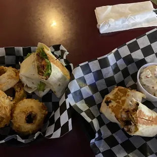 Santa Fe wrap, Club wrap, onion rings, potato salad, food