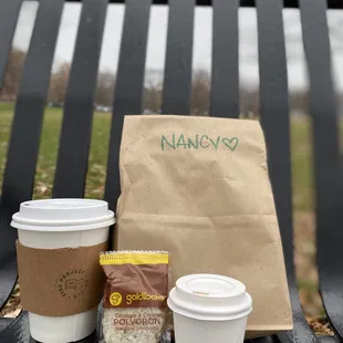 My first order - cheese danish (in the bag), shot &amp; a cookie, &amp; the Purple Chai. They were all different &amp; delicious.