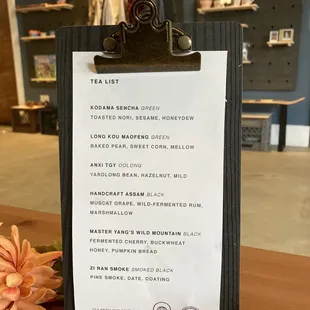 Tea menu