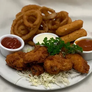 Rings, Wings &amp; Sticks! This platter has Onion Rings, Mozzarella Sticks and Wing Zings all in one!
