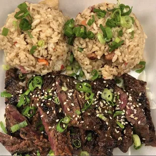 Our Boneless Kalbi Plate Lunch on our Curbside Takeout Menu! Comes with 2 scoops of Fried Rice and a choice of Potato Mac or Toss Greens.
