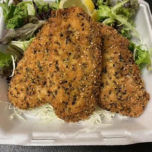 Furikake Crusted Catch. Served with toss greens with a lemon vinaigrette and wasabi aioli.