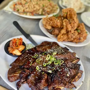Kal Bi, garlic chicken, and fried rice