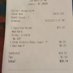 the receipt for the restaurant
