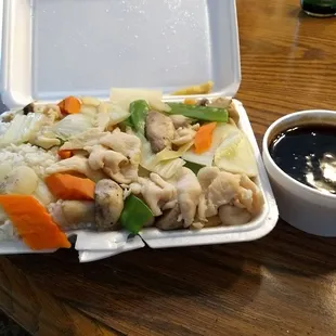Chicken and Chinese veggies lunch special. Also comes with soup. Yum.