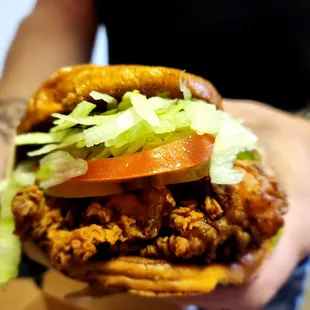 Buttermilk chicken sandwich- custom with lettuce tomato pickles and homemade amazing ranch on the side