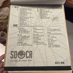 Beer and wine menu