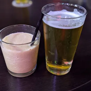 a drink and a smoothie on a table