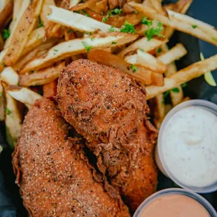 Hand-breaded chicken tenders with house-cut fries at The Shed Kitchen at Sidecar