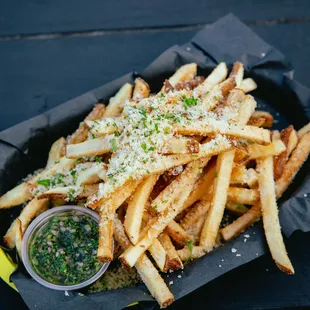 House-cut fries with chimichurri sauce at The Shed Kitchen at Sidecar