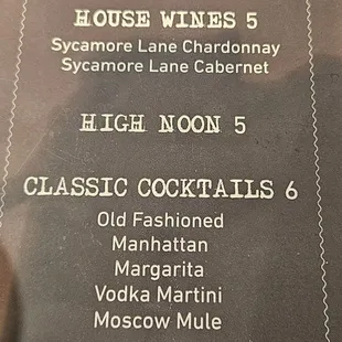 Happy hour drink menu