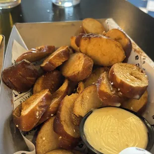 Happy Hour Pretzel Bites with cheese sauce