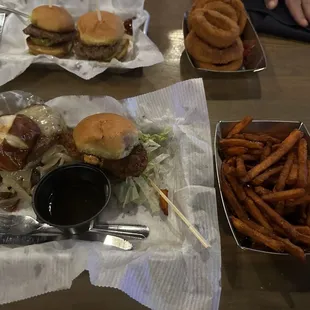 Perch, Swiss and the 2am Sliders. Sweet potato fries and onion rings.