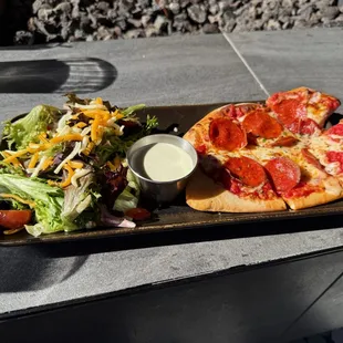 Pepperoni flatbread and salad lunch special