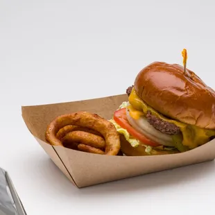 a burger and onion rings