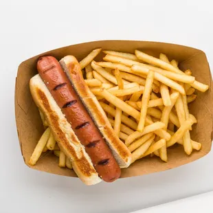 a hot dog and french fries