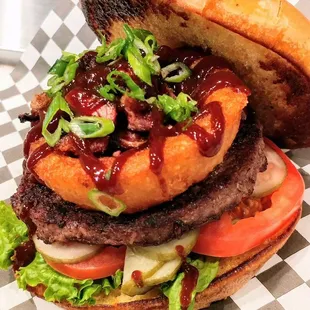 The Cowboy. Angus beef burger with bbq rib meat.