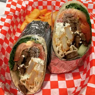 two burritos and french fries