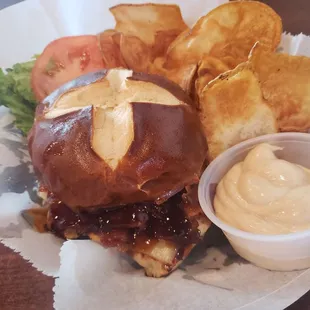 Bourbon bbq bacon chicken sandwich and chips
