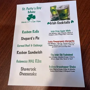 At Patty&apos;s menu