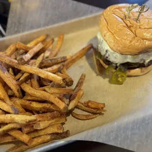 I can't remember the name of my burger but it was the one with pepper jack cheese, jalapeños and banana peppers plus a spicy mayo.