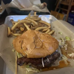 Bourbon Burger with fries