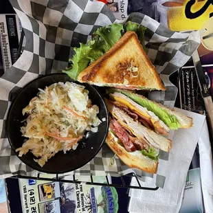 Turkey club sandwich with coleslaw.   Completely awesome!!