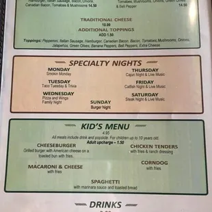 Specials, kids menu.