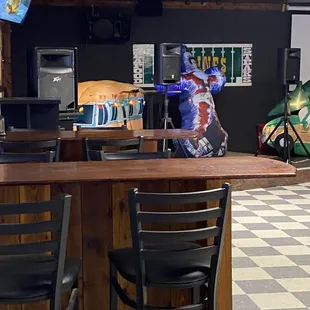 a view of a bar with chairs