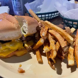 a cheeseburger and fries
