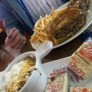 Patty Melt with a cup of chili