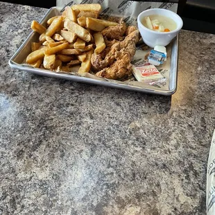 Chicken fingers steak fries chicken noodle soup all very good