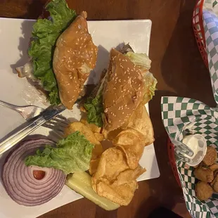 a burger and chips