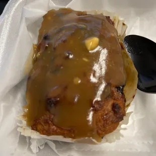 Bread pudding with pecan maple sauce
