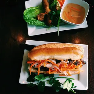 Egg rolls and bahn mi sandwhiches