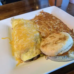 Denver omelette w/hash browns and biscuit.