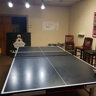 a ping - pong table in a basement
