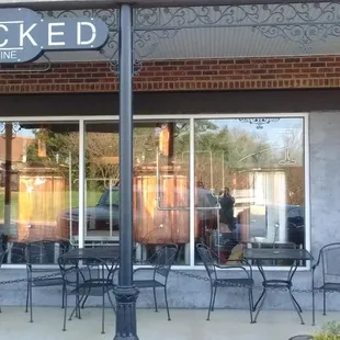 Patio adjacent the copper-clad brewhouse