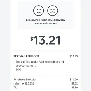 Receipt for Single patty burger with egg and vegetables minus the bun.