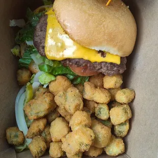 Cheeseburger and fried okra