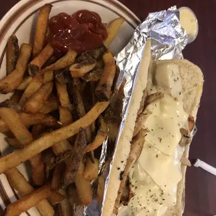 a hot dog and french fries
