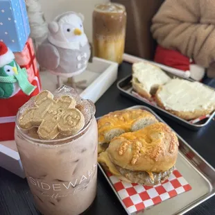 Ginger bread chai, jalapeño cheddar bagel with egg, American cheese &amp; sausage. Caramel Macchiato &amp; everything bagel with cream cheese.