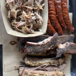 Ribs, sausage,Pulled Pork
