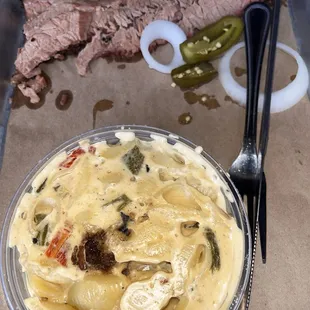 Baked Hatch Chili Mac &amp; Cheese and Brisket Sliced