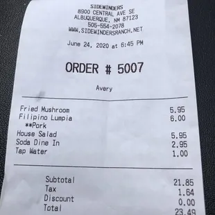 Receipt showing charge for water.