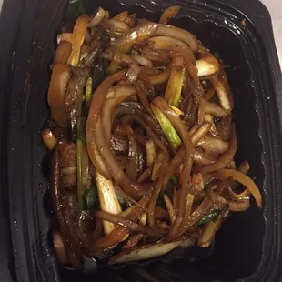 Mongolian beef-but only 5 pieces of beef. Owner said &quot;what do you expect? It&apos;s cooked with onions&quot; my response &quot;beef, it&apos;s a beef dish&quot;