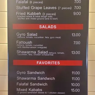 the menu of a restaurant