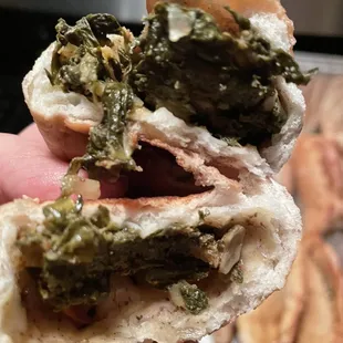 Inside the spinach fatayer.