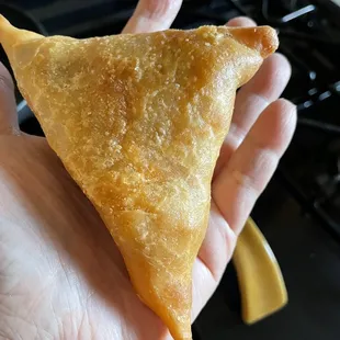 Veggie samosa. They&apos;re huge &amp; delish with both a soft &amp; crunchy outside. beware some might be labeled as not spicy when indeed they are.