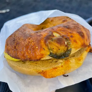 Jalapeño cheddar bagel with egg added
